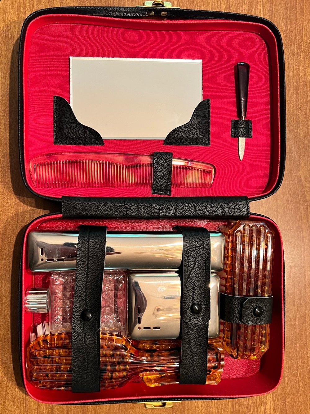 Never Used Vintage Red Travel Grooming Set with Amber Tools